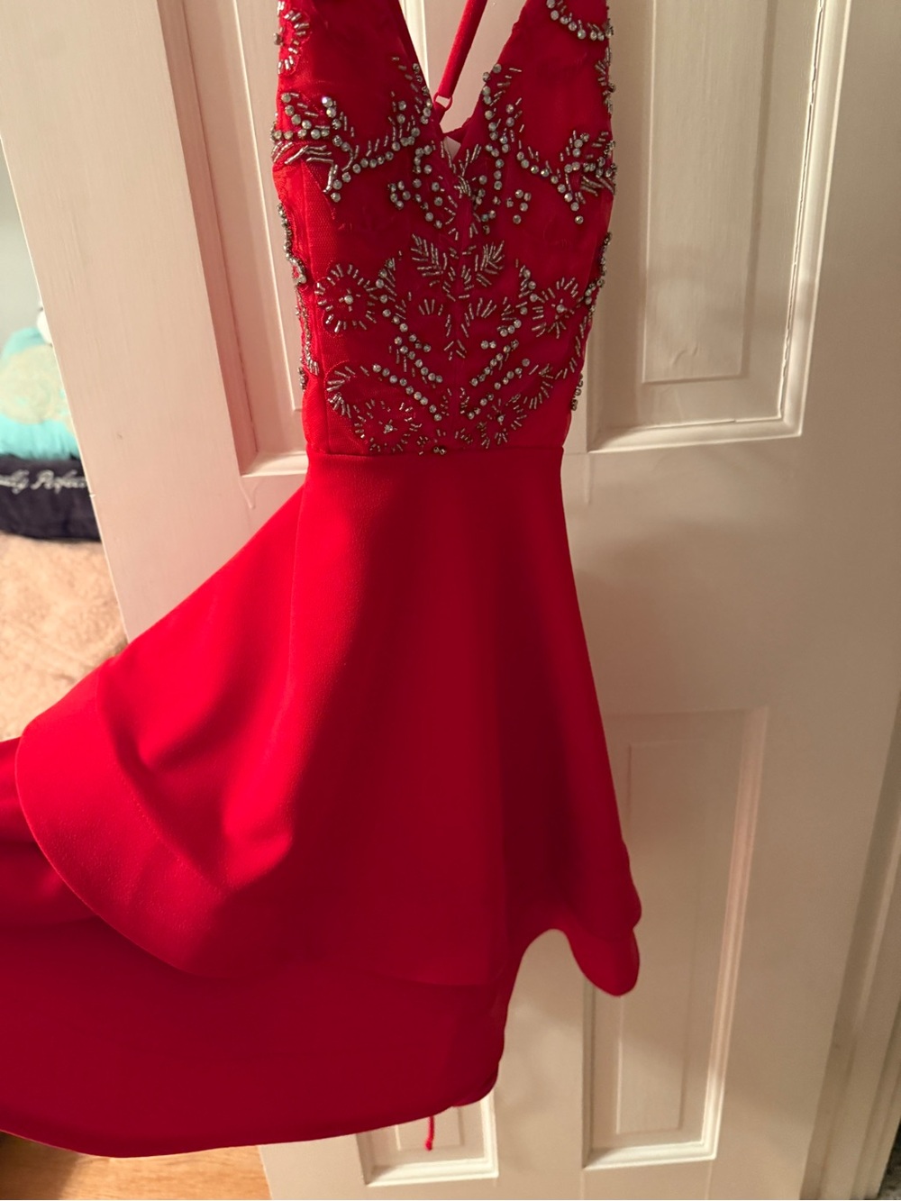 Macy's Red Beaded V-Neck Party Dress